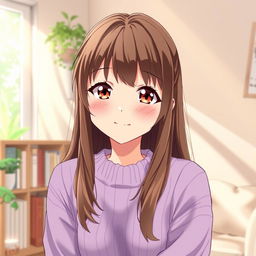 A beautiful anime girl with brown hair and brown eyes, wearing a light purple sweater