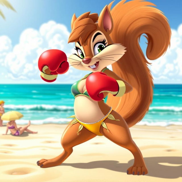 A dynamic scene featuring Sandy Cheeks, an animated squirrel with a spunky personality, dressed in a vibrant bikini appropriate for beach settings, engaged in an energetic boxing match on the sandy shore