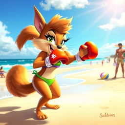 A dynamic scene featuring Sandy Cheeks, an animated squirrel with a spunky personality, dressed in a vibrant bikini appropriate for beach settings, engaged in an energetic boxing match on the sandy shore