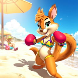 A dynamic scene featuring Sandy Cheeks, an animated squirrel with a spunky personality, dressed in a vibrant bikini appropriate for beach settings, engaged in an energetic boxing match on the sandy shore
