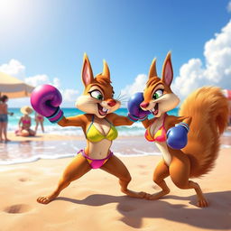 A dynamic scene featuring Sandy Cheeks, an animated squirrel with a spunky personality, dressed in a vibrant bikini appropriate for beach settings, engaged in an energetic boxing match on the sandy shore