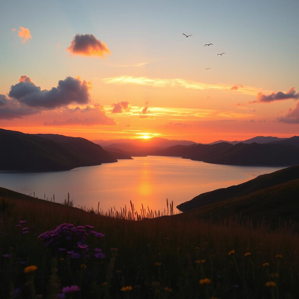 A beautiful and serene landscape at sunset, featuring rolling hills and a calm lake reflecting the vibrant colors of the sky