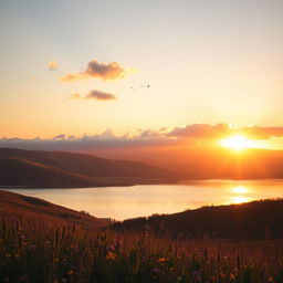 A beautiful and serene landscape at sunset, featuring rolling hills and a calm lake reflecting the vibrant colors of the sky