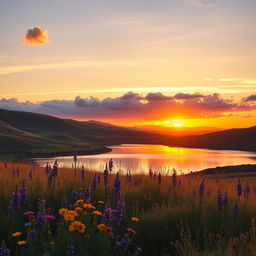 A beautiful and serene landscape at sunset, featuring rolling hills and a calm lake reflecting the vibrant colors of the sky
