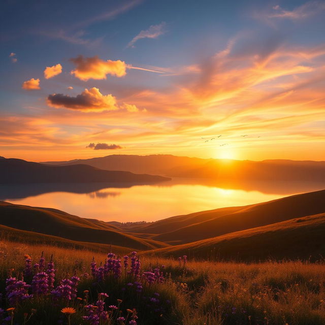 A beautiful and serene landscape at sunset, featuring rolling hills and a calm lake reflecting the vibrant colors of the sky