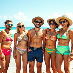 Five tanned gyarus having fun in a vibrant beach setting, showcasing their chic summer outfits, including stylish swimwear, accessories, and trendy sunglasses