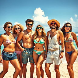 Five tanned gyarus having fun in a vibrant beach setting, showcasing their chic summer outfits, including stylish swimwear, accessories, and trendy sunglasses