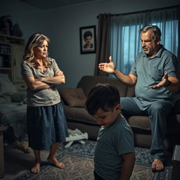 An emotionally charged scene in a dimly lit living room depicting a heated argument between parents