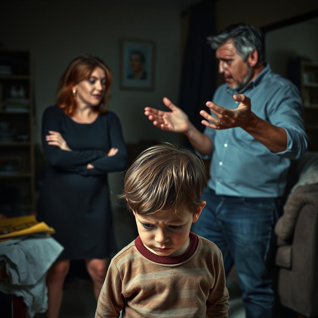 An emotionally charged scene in a dimly lit living room depicting a heated argument between parents