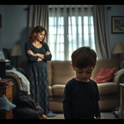 An emotionally charged scene in a dimly lit living room depicting a heated argument between parents