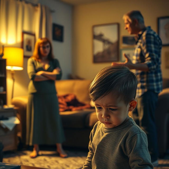 An emotionally charged scene in a dimly lit living room depicting a heated argument between parents