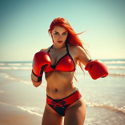 A fierce and skilled female fighter resembling Skarlet from Mortal Kombat, wearing a vibrant red bikini with black accents, standing on a sunny beach