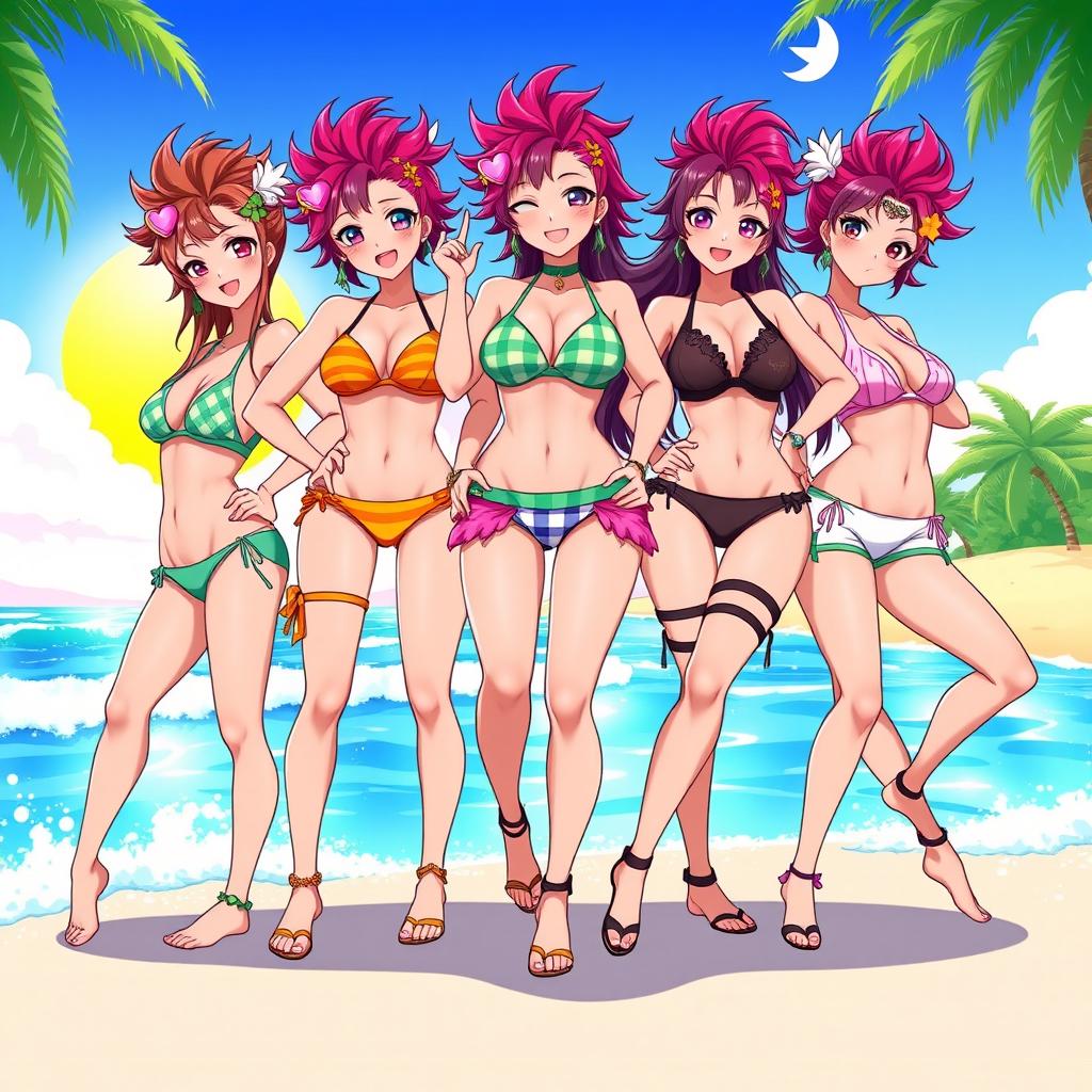 Five female tanned gyarus illustrated in vibrant anime style, each with unique and stylish summer outfits, showcasing fashionable swimwear and trendy beach accessories