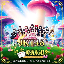 A stunning poster for the JKT48 13th Anniversary Concert & Sousenkyo featuring faceless avatars of the members, all dressed in elaborate Wonderland-themed costumes