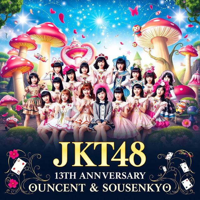 A stunning poster for the JKT48 13th Anniversary Concert & Sousenkyo featuring faceless avatars of the members, all dressed in elaborate Wonderland-themed costumes