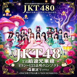 A stunning poster for the JKT48 13th Anniversary Concert & Sousenkyo featuring faceless avatars of the members, all dressed in elaborate Wonderland-themed costumes