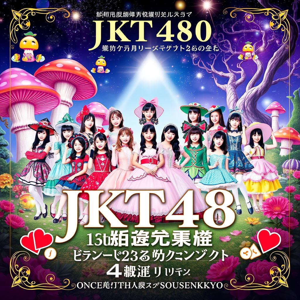 A stunning poster for the JKT48 13th Anniversary Concert & Sousenkyo featuring faceless avatars of the members, all dressed in elaborate Wonderland-themed costumes