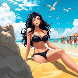 Pandora Heinstein from Saint Seiya, wearing a stylish black bikini, relaxed on a sun-kissed beach