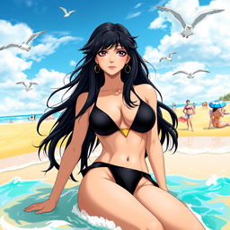 Pandora Heinstein from Saint Seiya, wearing a stylish black bikini, relaxed on a sun-kissed beach