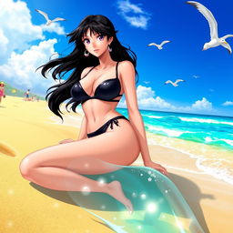 Pandora Heinstein from Saint Seiya, wearing a stylish black bikini, relaxed on a sun-kissed beach