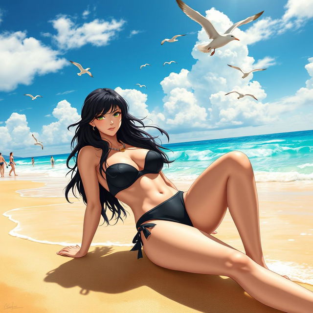 Pandora Heinstein from Saint Seiya, wearing a stylish black bikini, relaxed on a sun-kissed beach