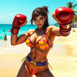 A fierce, muscular female fighter inspired by Mileena from Mortal Kombat, wearing a vibrant beach bikini while boxing on a sunny beach