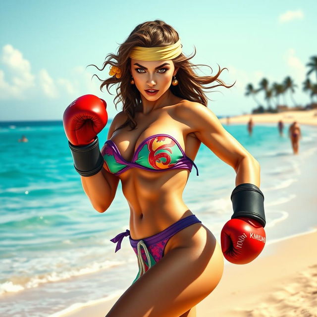 A fierce, muscular female fighter inspired by Mileena from Mortal Kombat, wearing a vibrant beach bikini while boxing on a sunny beach