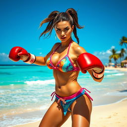 A fierce, muscular female fighter inspired by Mileena from Mortal Kombat, wearing a vibrant beach bikini while boxing on a sunny beach