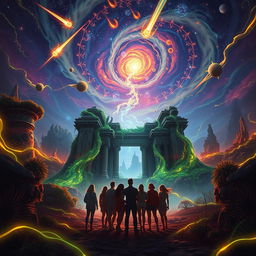 A stunning twilight-hued landscape filled with vibrant streaks of green and gold energy flowing through the environment