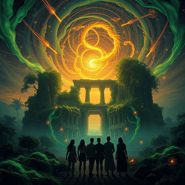 A stunning twilight-hued landscape filled with vibrant streaks of green and gold energy flowing through the environment