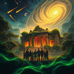 A stunning twilight-hued landscape filled with vibrant streaks of green and gold energy flowing through the environment