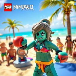 A vibrant scene featuring Nya from Lego Ninjago, wearing a stylish beach bikini and colorful boxing gloves, confidently engaging in a playful boxing match on a sunny beach