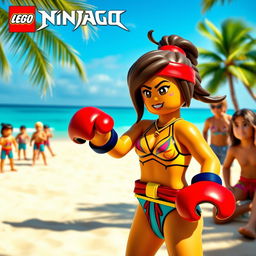 A vibrant scene featuring Nya from Lego Ninjago, wearing a stylish beach bikini and colorful boxing gloves, confidently engaging in a playful boxing match on a sunny beach