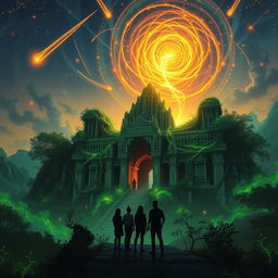 A breathtaking twilight-hued landscape enriched with vibrant streaks of green and gold energy illuminating the terrain