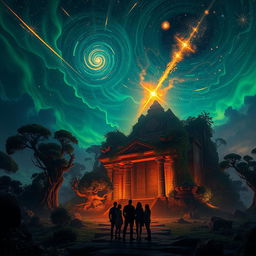 A breathtaking twilight-hued landscape enriched with vibrant streaks of green and gold energy illuminating the terrain
