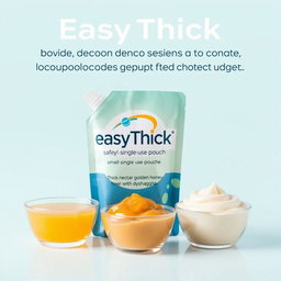 A vibrant and inviting visual representation of the EasyThick product, featuring a small single-use pouch with the product branding clearly visible