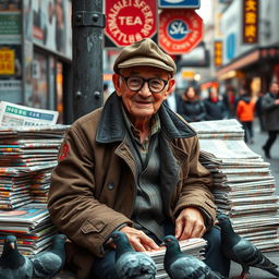 an elderly newspaper vendor, sitting on a bustling street corner surrounded by stacks of colorful newspapers and magazines, wearing a weathered cap and glasses, with a warm smile and wise eyes, dressed in a cozy, patched-up coat, with pigeons pecking at crumbs around him, vibrant city life in the background, capturing the essence of daily urban life and nostalgia, natural lighting, candid moment