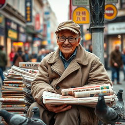 an elderly newspaper vendor, sitting on a bustling street corner surrounded by stacks of colorful newspapers and magazines, wearing a weathered cap and glasses, with a warm smile and wise eyes, dressed in a cozy, patched-up coat, with pigeons pecking at crumbs around him, vibrant city life in the background, capturing the essence of daily urban life and nostalgia, natural lighting, candid moment