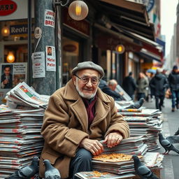 an elderly newspaper vendor, sitting on a bustling street corner surrounded by stacks of colorful newspapers and magazines, wearing a weathered cap and glasses, with a warm smile and wise eyes, dressed in a cozy, patched-up coat, with pigeons pecking at crumbs around him, vibrant city life in the background, capturing the essence of daily urban life and nostalgia, natural lighting, candid moment