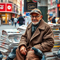 an elderly newspaper vendor, sitting on a bustling street corner surrounded by stacks of colorful newspapers and magazines, wearing a weathered cap and glasses, with a warm smile and wise eyes, dressed in a cozy, patched-up coat, with pigeons pecking at crumbs around him, vibrant city life in the background, capturing the essence of daily urban life and nostalgia, natural lighting, candid moment