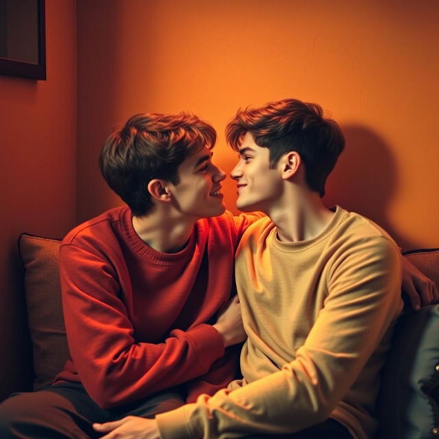 In a small room where warm colors blend with dim lighting, two vibrant nineteen-year-old teenage boys sit together, their beautiful features highlighted in an intimate moment