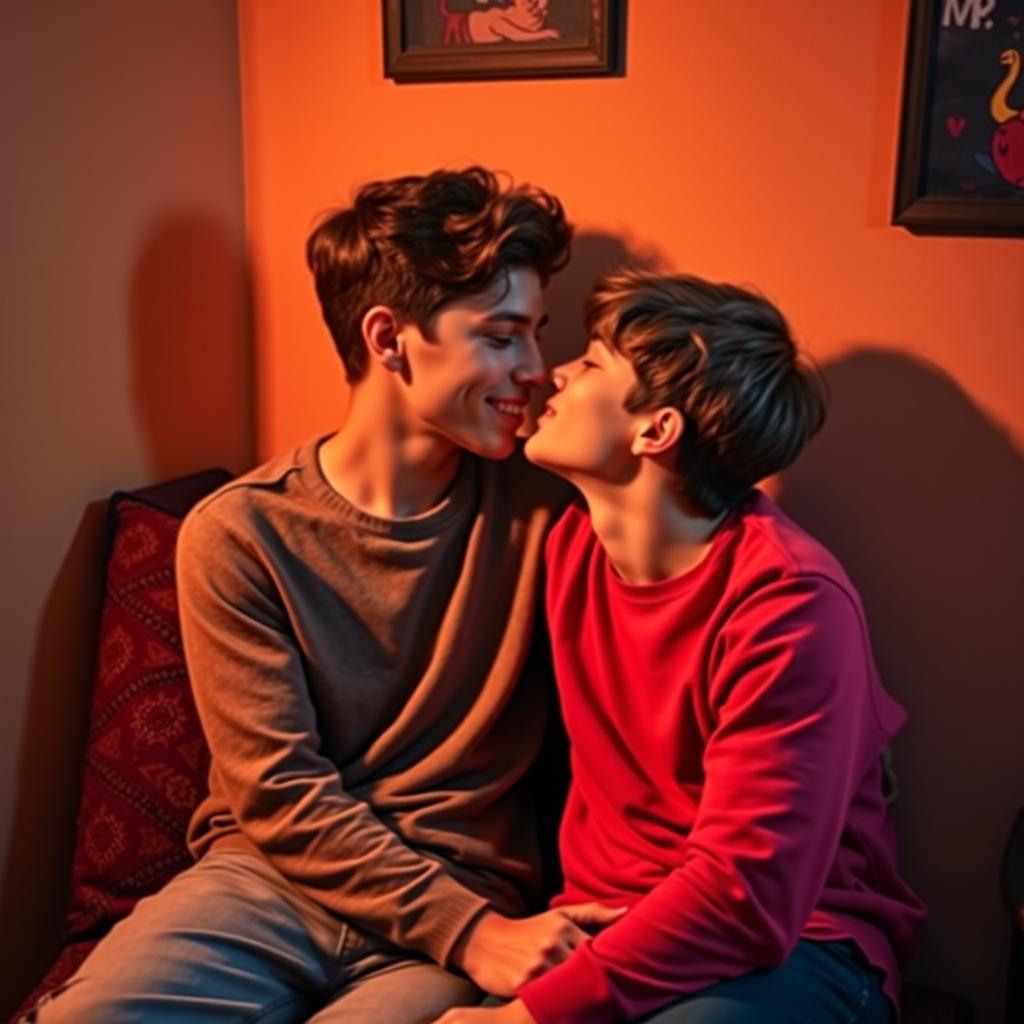 In a small room where warm colors blend with dim lighting, two vibrant nineteen-year-old teenage boys sit together, their beautiful features highlighted in an intimate moment