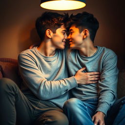 In a small room where warm colors blend with dim lighting, two vibrant nineteen-year-old teenage boys sit together, their beautiful features highlighted in an intimate moment