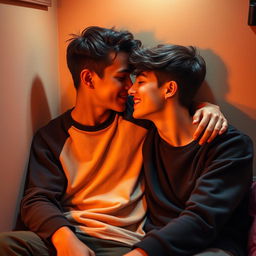 In a small room where warm colors blend with dim lighting, two vibrant nineteen-year-old teenage boys sit together, their beautiful features highlighted in an intimate moment