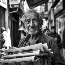A poignant black and white photograph of an elderly newspaper seller, capturing the essence of nostalgia and city life