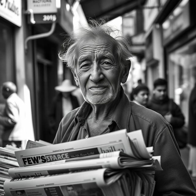 A poignant black and white photograph of an elderly newspaper seller, capturing the essence of nostalgia and city life