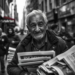 A poignant black and white photograph of an elderly newspaper seller, capturing the essence of nostalgia and city life