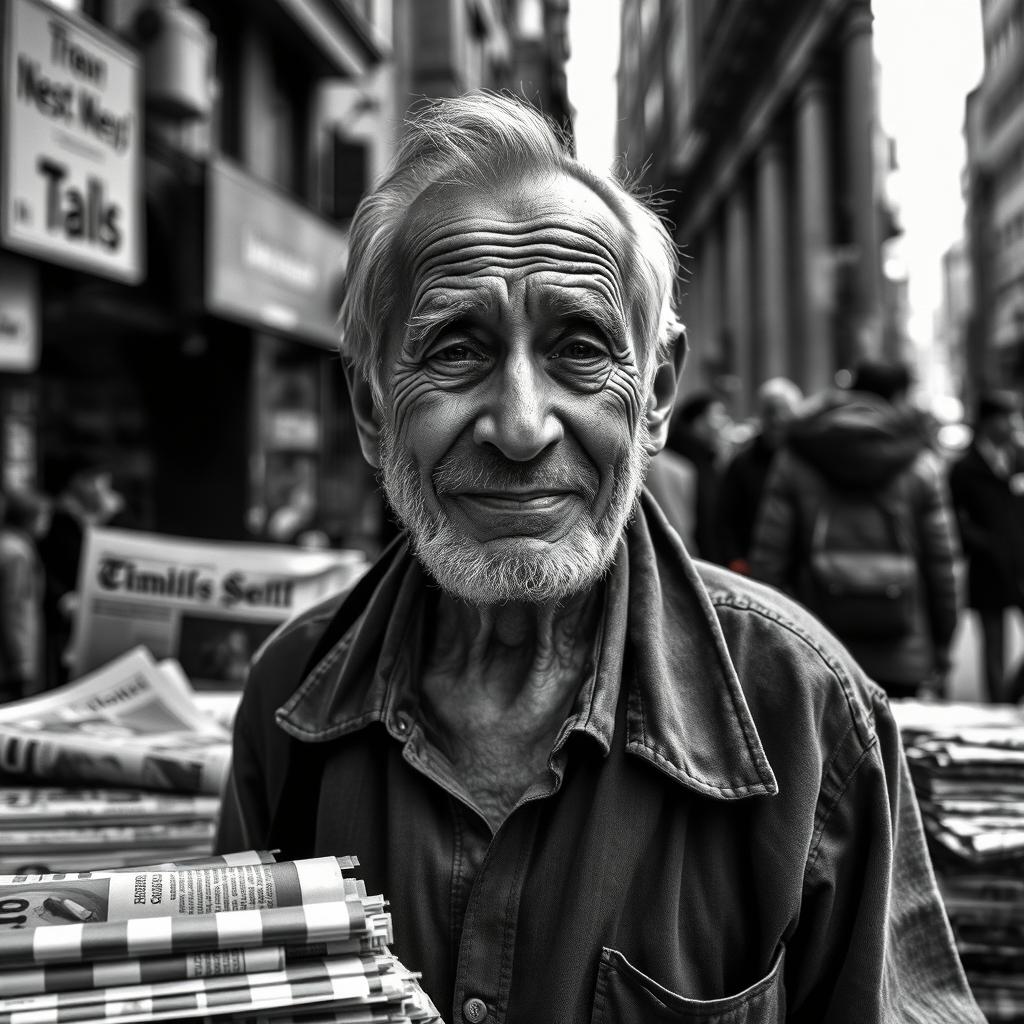 A poignant black and white photograph of an elderly newspaper seller, capturing the essence of nostalgia and city life