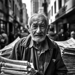 A poignant black and white photograph of an elderly newspaper seller, capturing the essence of nostalgia and city life