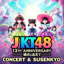 A stunning poster design for JKT48's 13th Anniversary Concert & Sousenkyo, featuring a whimsical Wonderland theme
